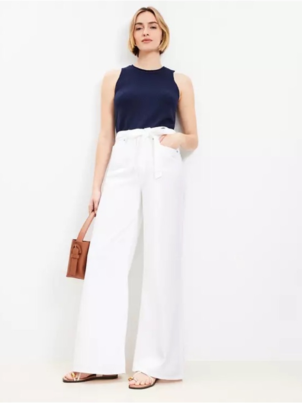 LOFT White High-Rise Wide-Leg palazzo Pants with Tie